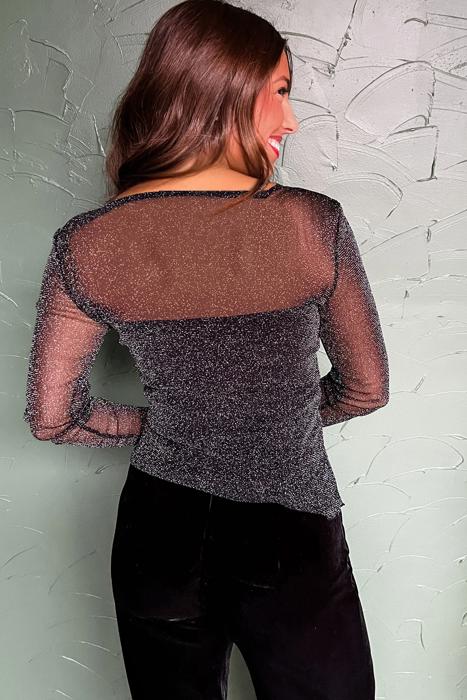 Metallic Shimmer Mesh Long Sleeve Blouse | S-XL