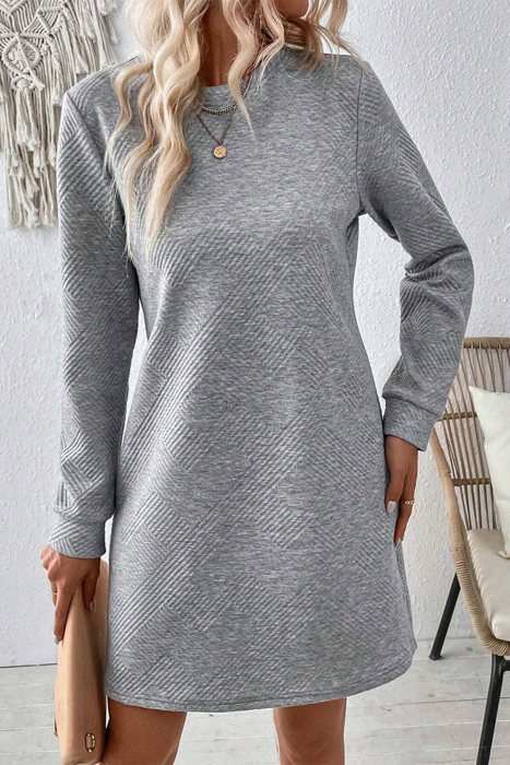 Textured Long Sleeve Side Pockets Shift Dress