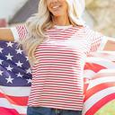  Stripe Trim Round Neck Short Puff Sleeve Top | S-XL
