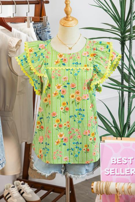 Stripe Floral Ruffle Sleeve Top | S-XL