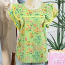  Stripe Floral Ruffle Sleeve Top | S-XL