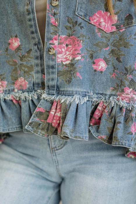 Floral Print Ruffle Hem Denim Jacket | S-XL