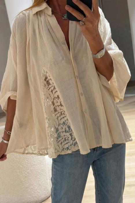 Sheer Lace Splice Bracelet Sleeve Loose Shirt | S-XL