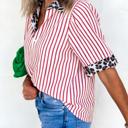  Leopard Trim Striped Half-Button Blouse | S-XL