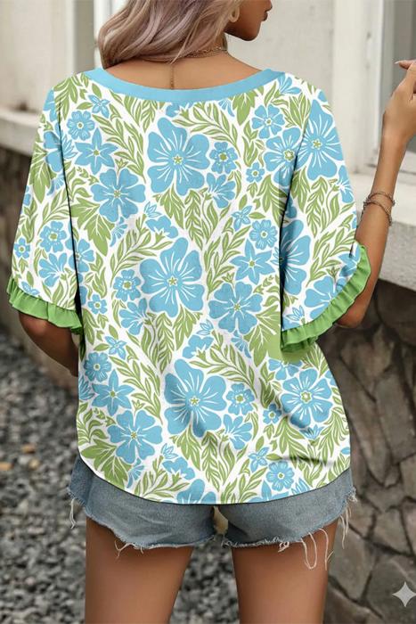 Floral Ruffle Colorblock Trim Blouse | S-XL