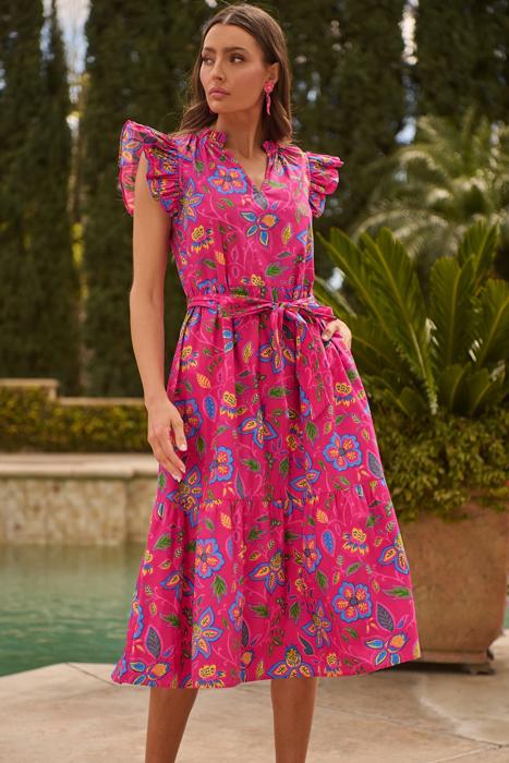 Belted Floral Flutter Sleeve Long Dress | S-XL