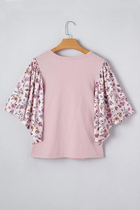 Contrast Floral Patchwork Flowy Half-Sleeve Blouse | S-XL