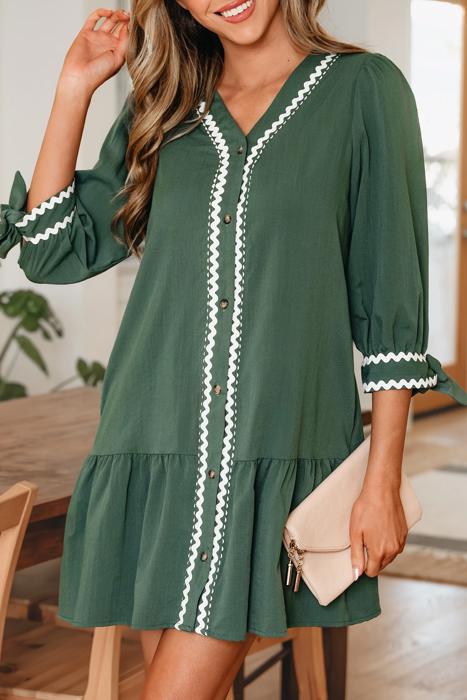 Contrast Ric Rac Trim Button V-Neck Shift Dress | S-XL