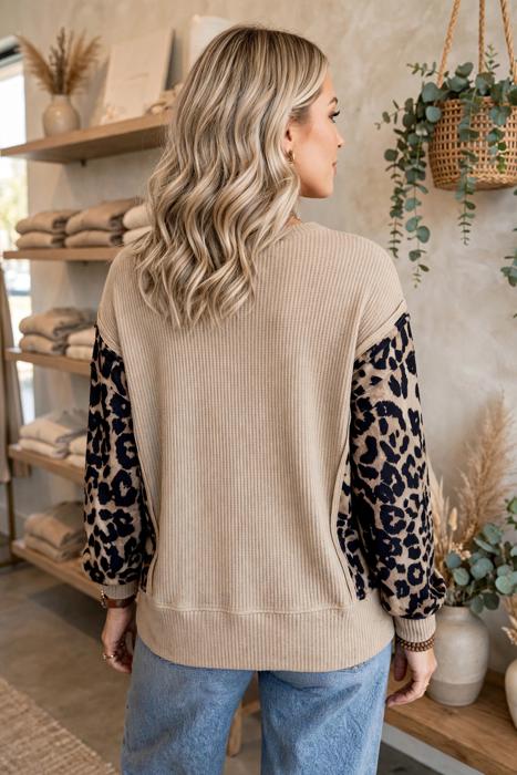 Leopard Sleeve Waffle Knit Split Hem Top | S-XL