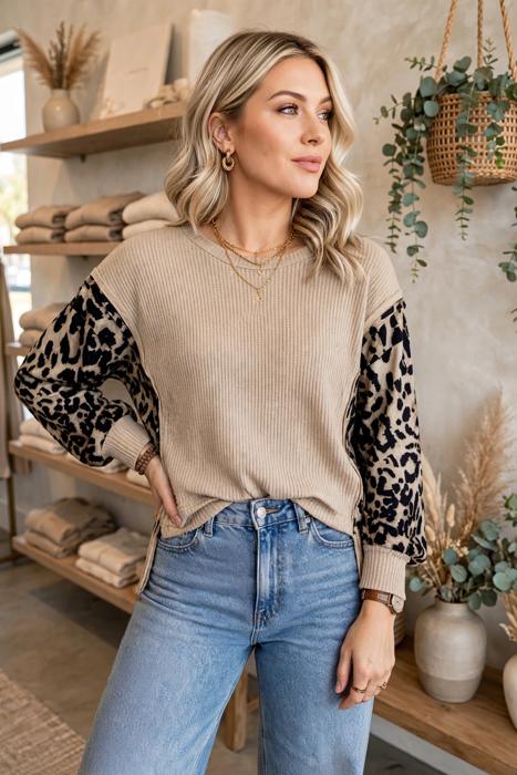 Leopard Sleeve Waffle Knit Split Hem Top | S-XL