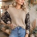  Leopard Sleeve Waffle Knit Split Hem Top | S-XL