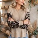  Leopard Sleeve Waffle Knit Split Hem Top | S-XL