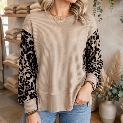 Leopard Sleeve Waffle Knit Split Hem Top | S-XL