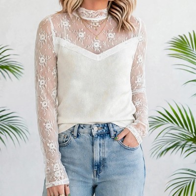 Floral Lace Mesh Long Sleeve Top | S-XL