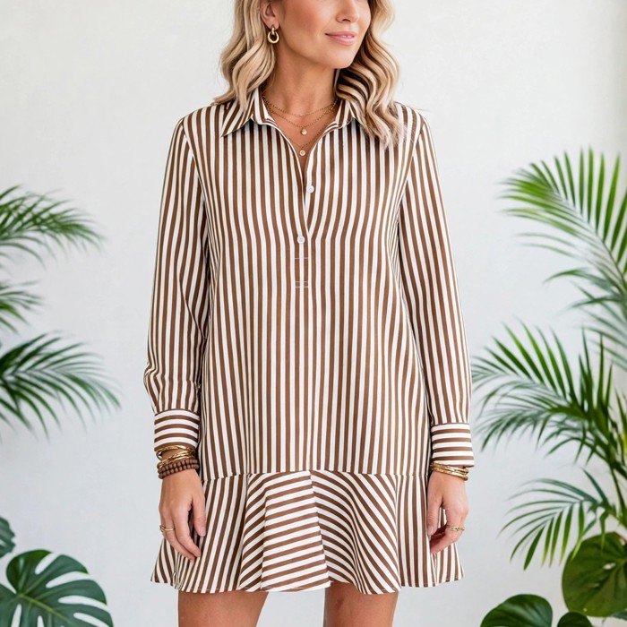 Striped Ruffle Hem Collared Mini Dress | S-XL