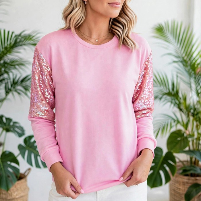 Sequin Round Neck Pullover Top | S-XL