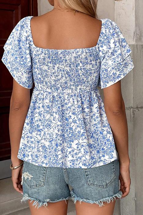 Floral Square-Neck Ruffle Sleeve Blouse | S-XL