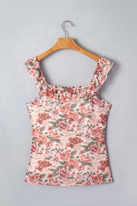 Retro Floral Square Neck Ruffle Trim Tank Top | S-XL