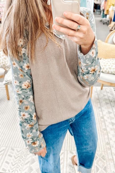 Ribbed Floral Contrast Long Sleeve Top | S-XL