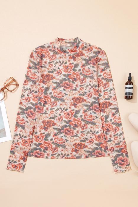 Floral Print Mesh Long Sleeve Top | S-XL