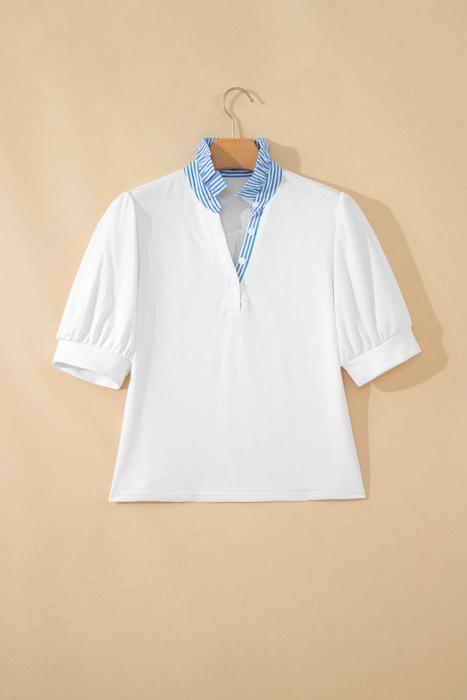 Striped Frill Collar Short Sleeve Blouse | S-XL