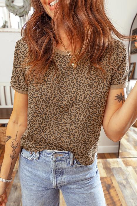 Leopard Print Crew Neck Tee | S-XL