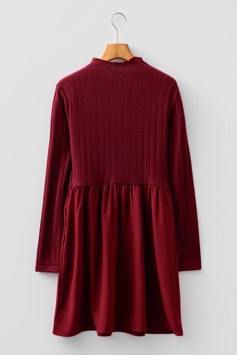 Frilled Neck Ribbed Knit Patchwork Mini Dress | S-XL