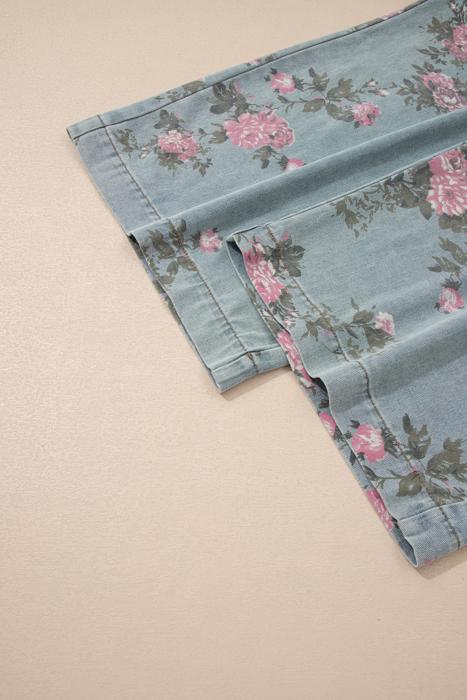 Pleated Floral High-Waist Wide-Leg Denim Jumpsuit | S-XL