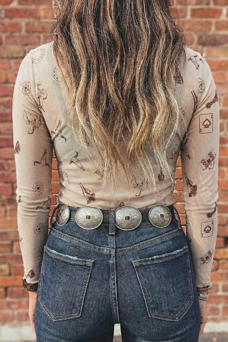 Slim Fit Mock Neck Western Graphic Mesh Top | S-XL