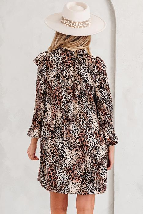 Leopard Print Ruffled Long Sleeve Mini Dress | S-XL