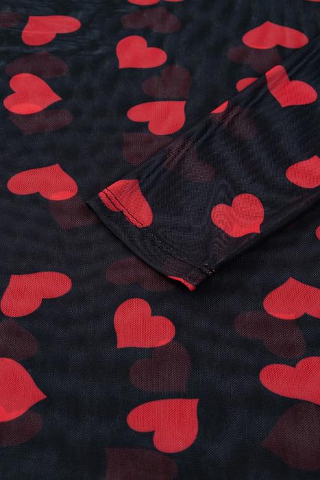Valentines Heart Printed Sheer Mesh Long Sleeve Top | S-XL