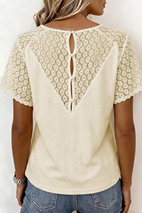 Lace Trim Cutout V-Neck Waffle Knit Button Blouse | S-XL