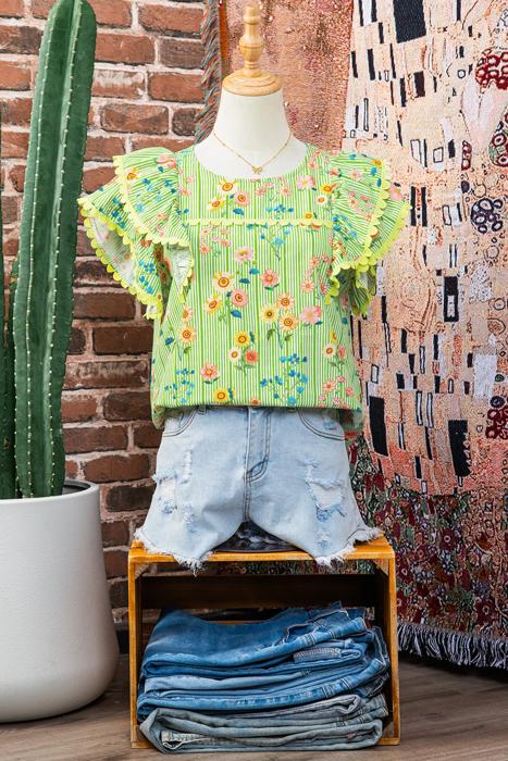 Stripe Floral Ruffle Sleeve Top | S-XL
