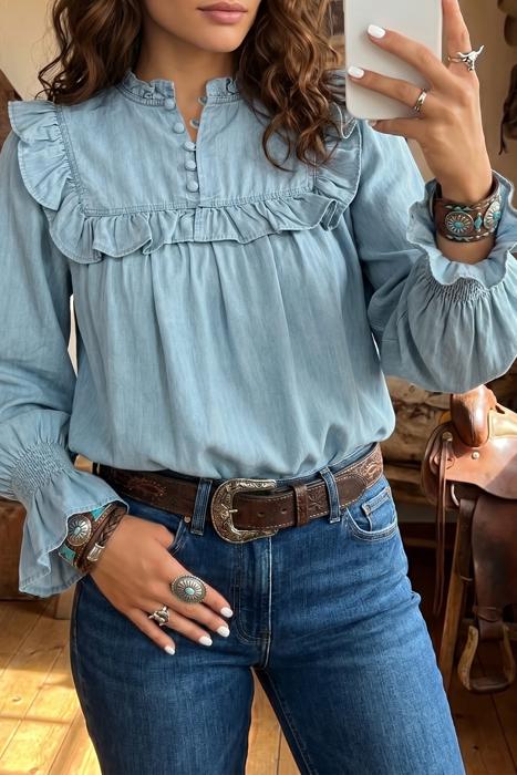 Western Ruffle V-Neck Chambray Blouse | S-XL