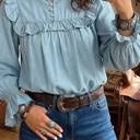  Western Ruffle V-Neck Chambray Blouse | S-XL
