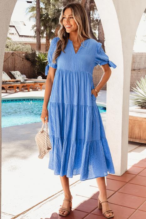 Tiered Gingham Bow Tie Midi Dress | S-XL