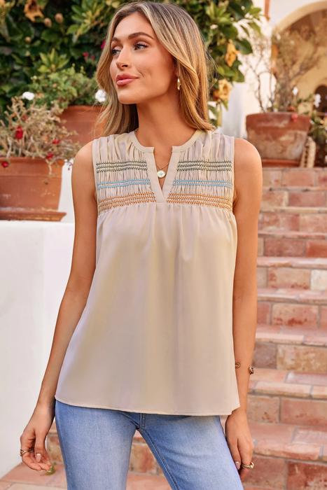 Shirred V-Neck Sleeveless Shift Blouse | S-XL