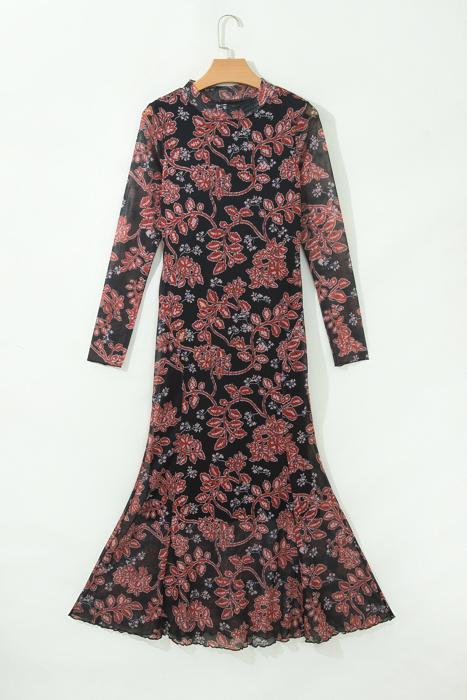 Midnight Bloom Retro Floral Mesh Dress | S-XL