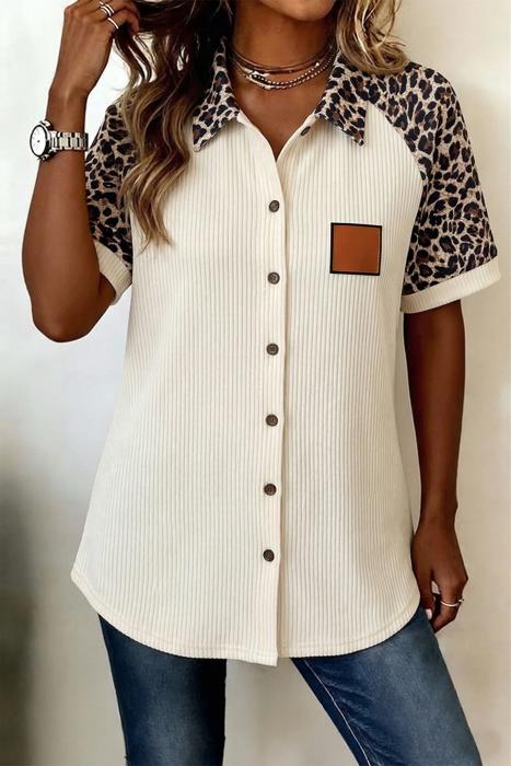 Ribbed Leopard Patchwork Button Shirt | S-XL