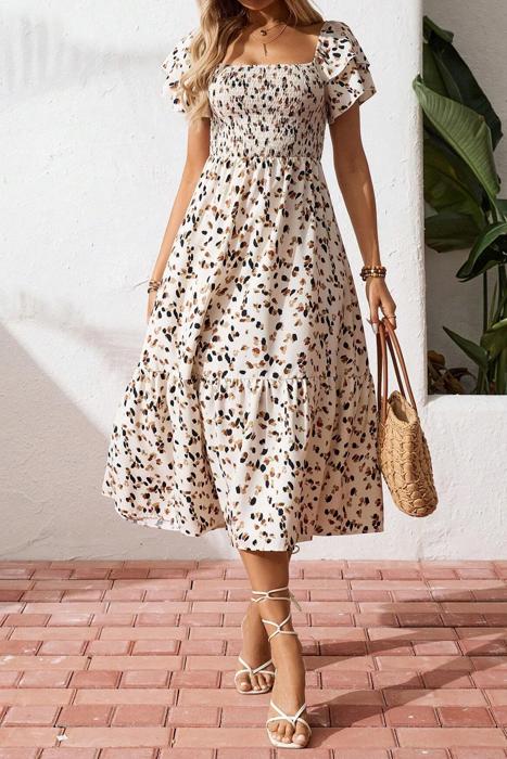 Ditsy Floral Print Smocked Square Neck Mini Dress | S-XL