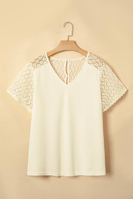 Lace Trim Cutout V-Neck Waffle Knit Button Blouse | S-XL