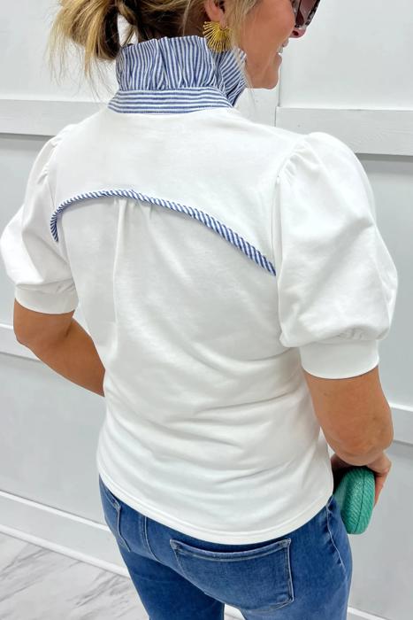 Striped Frill Collar Short Sleeve Blouse | S-XL