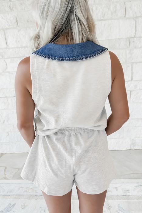 Denim Patchwork Polo Collar Sleeveless Romper | S-XL
