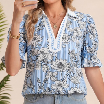 Flora Stripe Polo Blouse | S-XL