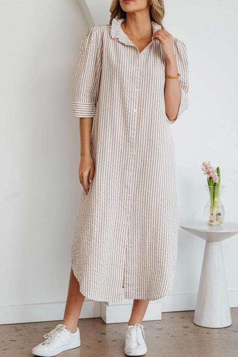 Striped Collar Half Sleeve Shirt Maxi Dress | S-XL