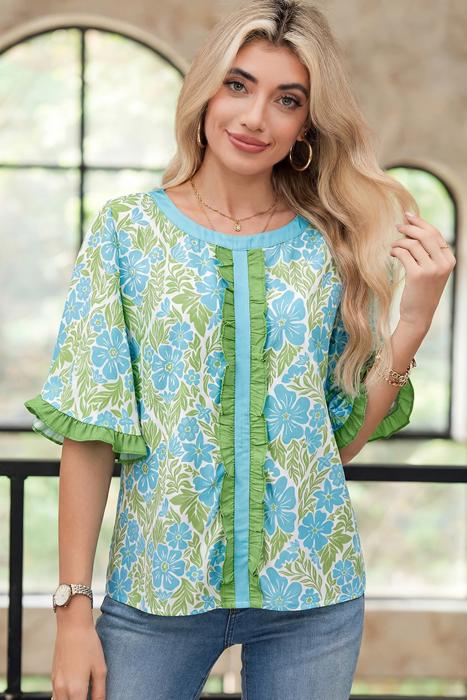 Floral Ruffle Colorblock Trim Blouse | S-XL
