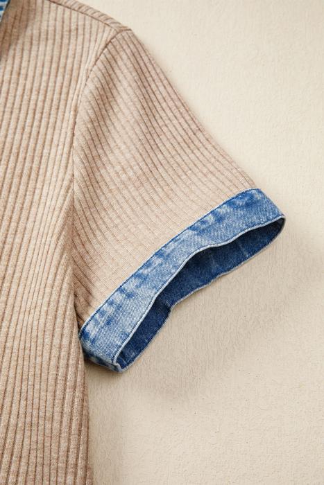 Ribbed Knit Denim Color Block Collared Blouse | S-XL