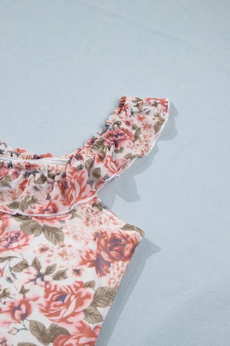 Retro Floral Square Neck Ruffle Trim Tank Top | S-XL