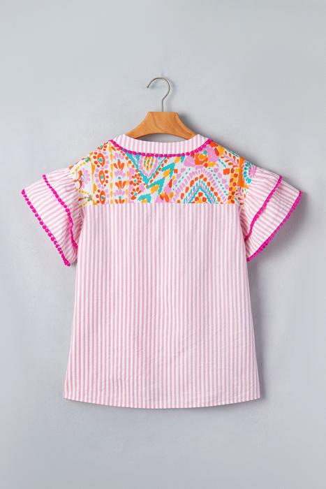Boho Mixed Print Tiered Short Sleeve Blouse | S-XL