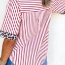  Leopard Trim Striped Half-Button Blouse | S-XL